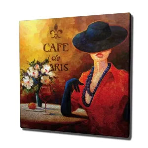 Kampanj Canvastavla 45x45 cm - Elegant kvinna med hatt och röd klänning vid ett cafébord Röd / Svart / Vit - Inredning