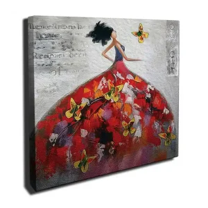 Canvastavla 45x45 cm - Elegant kvinna i en färgglad klänning omgiven av fjärilar Röd / Gul / Vit - Inredning Nyhet