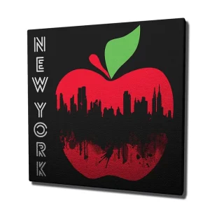Erbjudandepris Canvastavla 45x45 cm - Röd äppelform med New Yorks silhuett i svart Röd / Svart / Grön - Inredning