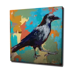 Billig Canvastavla 45x45 cm - Färgglad kråka som går framåt Blå / Orange / Grå - Inredning
