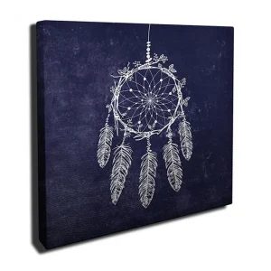 Kundfavorit Canvastavla 45x45 cm - Drömfångare med fjädrar i en mörk bakgrund Mörkblå / Vit - Inredning