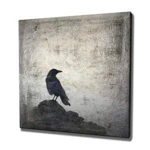 Canvastavla 45x45 cm - Silhuett av en kråka på en sten mot en dämpad bakgrund Svart / Grå / Vit - Inredning Kampanj
