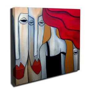 Billig Canvastavla 45x45 cm - Abstrakt komposition med stiliserade ansikten och en kvinna med röd hårsvall Röd / Grå / Beige - Inredning
