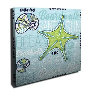 Canvastavla 45x45 cm - Stjärna i havet med snäckor och texturerade bakgrunder Ljusblå / Grön / Mörkblå - Inredning Billig