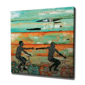 Nedsatt pris Canvastavla 45x45 cm - Cyklande personer som sträcker ut händerna mot varandra Turkos / Orange / Svart - Inredning