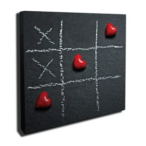 Canvastavla 45x45 cm - Spelplan för tre i rad med hjärtan som spelpjäser Röd / Vit / Svart - Inredning Beställ nu