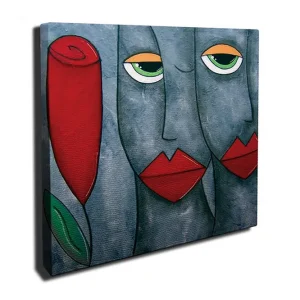 Canvastavla 45x45 cm - Abstrakt porträtt med ansikten och en ros Grå / Röd / Grön - Inredning Handla nu