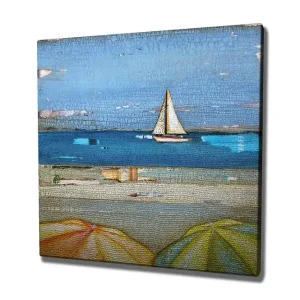 Kampanjpris Canvastavla 45x45 cm - Segelbåt på en lugn sjö med parasoller i förgrunden Blå / Gul / Beige - Inredning