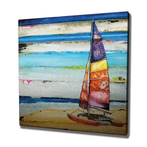 Handla nu Canvastavla 45x45 cm - Segelbåt vid stranden med färgglada segel Blå / Orange / Röd - Inredning