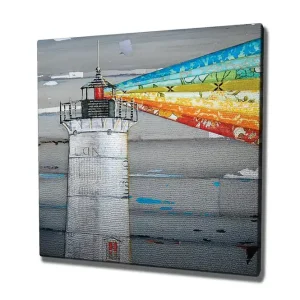 Billig Canvastavla 45x45 cm - Fyr med färgglada ljusstrålar som sträcker sig över havet Grå / Blå / Orange - Inredning