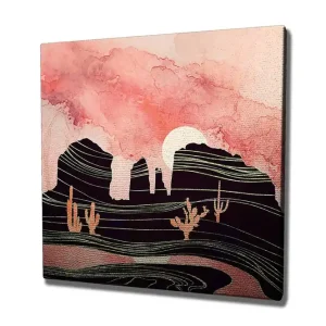 Billigare Canvastavla 45x45 cm - Abstrakt landskap med kaktusar och bergsilhuetter Rosa / Svart / Guld - Inredning