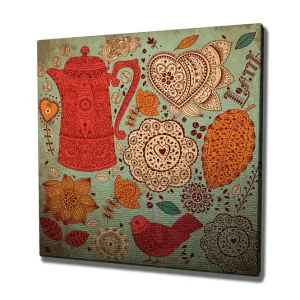 Canvastavla 45x45 cm - Mönstrad teapot omgiven av blommor och löv Röd / Orange / Gul - Inredning Billig