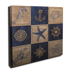 risnedsättning Canvastavla 45x45 cm - Maritim komposition med sjölevande djur och navigationssymboler Mörkblå / Beige / Guld - Inredning