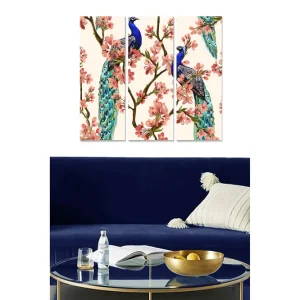 risnedsättning Canvastavla i trä 3-delar 50x70 cm - Praktfull påfågel bland blommor - Inredning & dekor