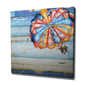 Canvastavla 45x45 cm - Färgglad fallskärm med två personer som svävar över havet Blå / Orange / Röd - Inredning Erbjudandepris