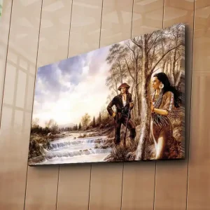 Kundfavorit Canvastavla 70x45 cm - Människa i natur med en kvinna och en man i traditionella kläder vid en flod Brun / Grön / Blå - Inredning
