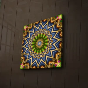 Erbjudandepris Canvastavla med LED-belysning 40x40 cm - Färgglad mandala med geometriska mönster Grön / Blå / Guld - Inredning