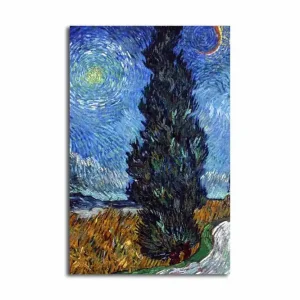 Canvastavla 45x70 cm - Mörk cypress mot en stjärnklar himmel Blå / Grön / Gul - Inredning Fynd