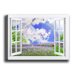 Canvastavla 70x100 cm - Öppen fönsterutsikt med en blomstrande äng, fjärilar och en regnbåge under en blå himmel - Inredning & dekor Billigare