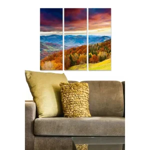 Canvastavla i trä 3-delar 50x70 cm - Vacker höstlandskap med färgglada träd och fjärran berg - Inredning & dekor Erbjudande