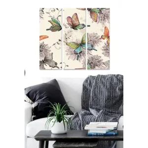 Canvastavla i trä 3-delar 50x70 cm - Färgglada fjärilar omgivna av blommor - Inredning & dekor Erbjudande