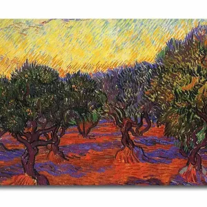 Begränsat antal Canvastavla 70x45 cm - Olivlund under en färgstark himmel Grön / Orange / Lila - Inredning