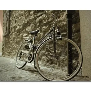 Fynd Canvastavla 70x45 cm - Cykel lutad mot en stenmur Grå / Svart / Beige - Inredning