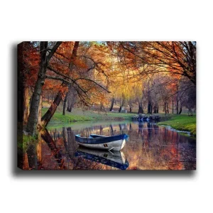 Canvastavla 70x100 cm - Stilla båt på en spegelblanka sjö omgiven av höstfärger - Inredning & dekor Kundfavorit