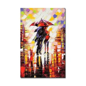 Canvastavla 45x70 cm - Par med paraplyer i regnig stadsmiljö Röd / Svart / Orange - Inredning Rabatt