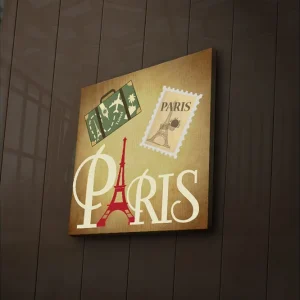 Canvastavla med LED-belysning 40x40 cm - Paris-inspirerat konstverk med Eiffeltornet och resesymboler Röd / Grön / Beige - Inredning Populärt val
