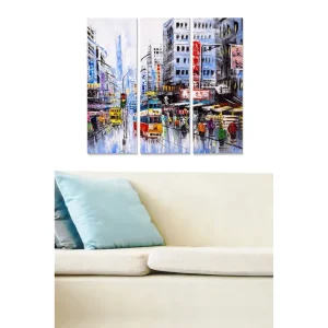 Canvastavla i trä 3-delar 50x70 cm - Livlig stadsbild med färgglada transportmedel och människor i rörelse - Inredning & dekor Lägg i varukorgen