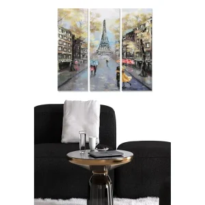 Canvastavla i trä 3-delar 50x70 cm - Parisisk gata med Eiffeltornet i bakgrunden och människor med paraplyer - Inredning & dekor Kampanjpris