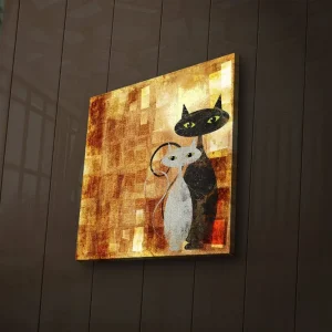 Canvastavla med LED-belysning 40x40 cm - Två stiliserade katter i en varm färgskala Guld / Svart / Vit - Inredning Begränsad tid