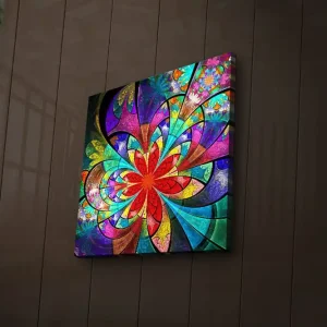 Billigare Canvastavla med LED-belysning 40x40 cm - Färgglad abstrakt komposition med blommiga mönster Röd / Lila / Grön - Inredning