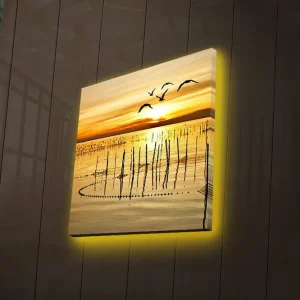 Outlet Canvastavla med LED-belysning 28x28 cm - Solnedgång över stilla vatten med fåglar i flykt Guld / Orange / Brunt - Inredning