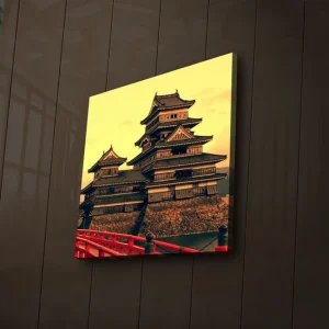 Canvastavla med LED-belysning 40x40 cm - Traditionell japansk borg med flera taknivåer Guld / Svart / Röd - Inredning Rabatter