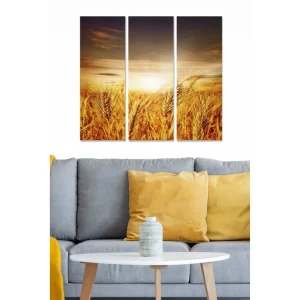 Trygg betalning Canvastavla i trä 3-delar 50x70 cm - Gyllene vetefält under en solnedgång - Inredning & dekor