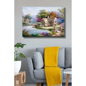 Canvastavla 70x100 cm - Idyllisk landskapsmålning med pittoreska stugor vid en sjö omgiven av blomstrande träd och buskar - Inredning & dekor Trygg betalning