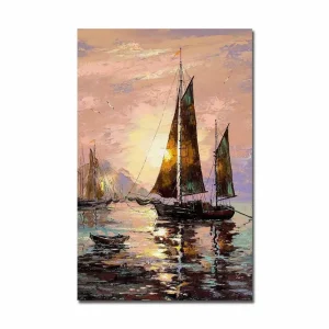 Utförsäljning Canvastavla 45x70 cm - Segelbåtar i solnedgång vid havet Blå / Brun / Orange - Inredning