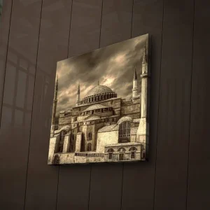 Fynd Canvastavla med LED-belysning 40x40 cm - Hagia Sofia i Istanbul med dramatisk molnhimmel i stämningsfull sepia Beige / Mörkgrå / Brun - Inredning