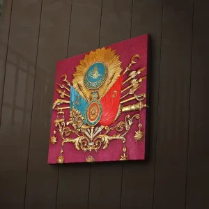 Canvastavla med LED-belysning 40x40 cm - Ornamenterad sköld med symboler och vapen i en historisk stil Röd / Guld / Blå - Inredning Handla nu