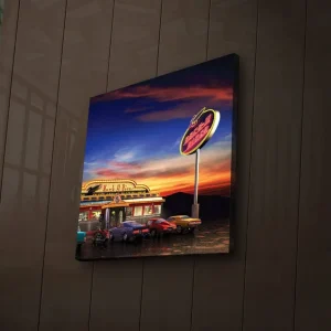 Billig Canvastavla med LED-belysning 40x40 cm - Retro diner med klassiska bilar under en färgsprakande himmel Blå / Orange / Gul - Inredning