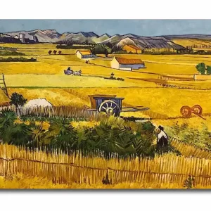 Köp nu Canvastavla 70x45 cm - Lantlig scen med skördande arbetare i ett gyllene fält Gult / Grönt / Brunt - Inredning