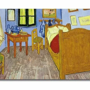 Köp online Canvastavla 70x45 cm - Inbjudande sovrum med en säng och möbler i trä Blå / Gul / Brun - Inredning