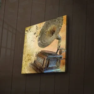 Säker betalning Canvastavla med LED-belysning 40x40 cm - Retro grammofon med musiknoter i bakgrunden Guld / Brunt / Beige - Inredning
