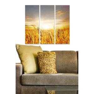 Beställ idag Canvastavla i trä 3-delar 50x70 cm - Gyllene vetefält under en solnedgång - Inredning & dekor