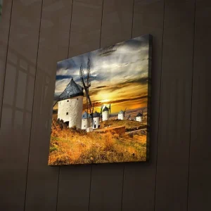 Snabb frakt Canvastavla med LED-belysning 40x40 cm - Vindmöllor vid solnedgången över ett gyllene landskap Guld / Blå / Vit - Inredning