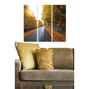 Canvastavla i trä 3-delar 50x70 cm - Vacker höstlandskap med en väg omgiven av färgglada träd och fallna löv - Inredning & dekor Rea