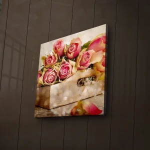 Endast denna vecka Canvastavla med LED-belysning 40x40 cm - Färgrik bukett av rosor i en korg Rosa / Grön / Beige - Inredning