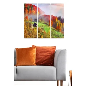Canvastavla i trä 3-delar 50x70 cm - Höstlandskap med färgglada träd och dimma - Inredning & dekor Fri frakt